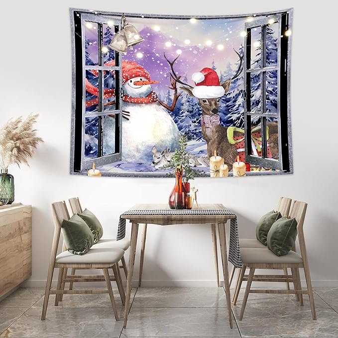 QGHOT Christmas Window Tapestry Wall Hanging Christmas Backdrop Winter Window Wall Decor Xmas Snowman Deer Tapestries for Bedroom Living Room Dorm Holiday Party Decoration