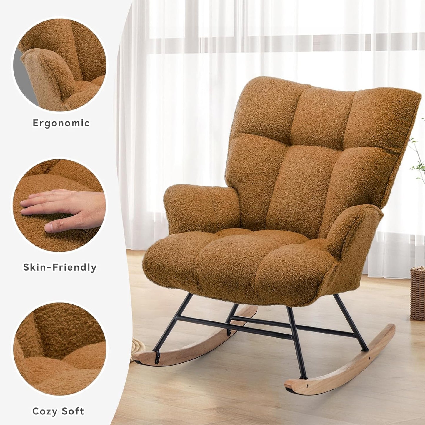 Rocking Chair Nursery Teddy Upholstered Glider Rocker Rocking Accent Chair Padded Seat with High Backrest Armchair Comfy Side Chair for Living Room Bedroom Offices (Brown Teddy)