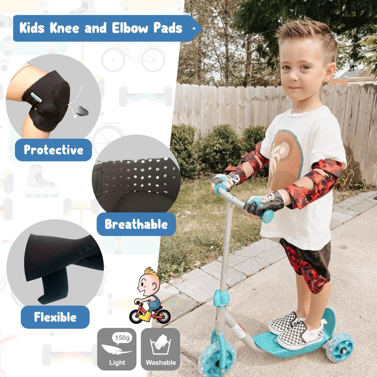 Soft-Style Kids Knee and Elbow Pads with Bike Gloves, Flexible Impact-Resistant Gear for Ages 2-11, Designed for Balance Bikes, Roller-Skating, and Skateboarding