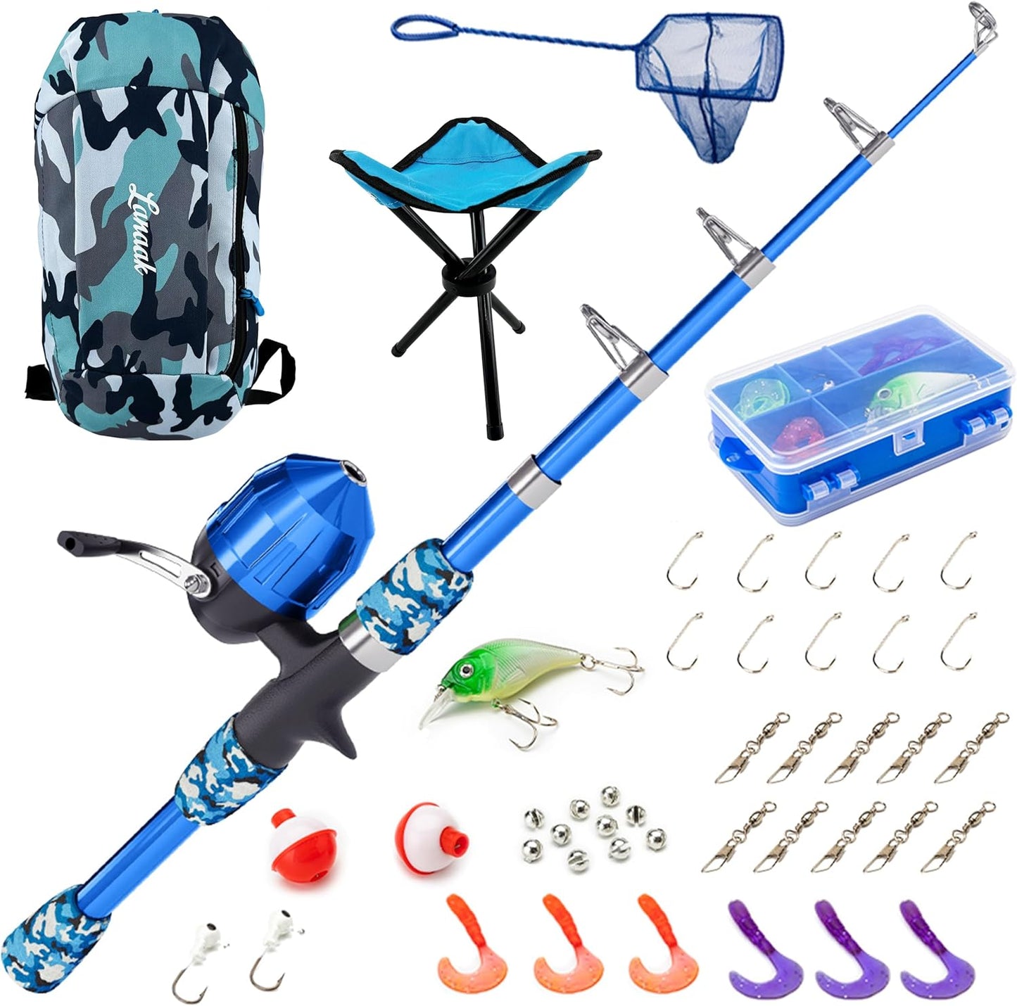 Kids Fishing Pole, Kids Portable Telescopic Fishing Rod Set, Tackle Box and Fishing Net Combo Kit, Kids Fishing Gear for Boys and Girls Age 5-10 and Youth