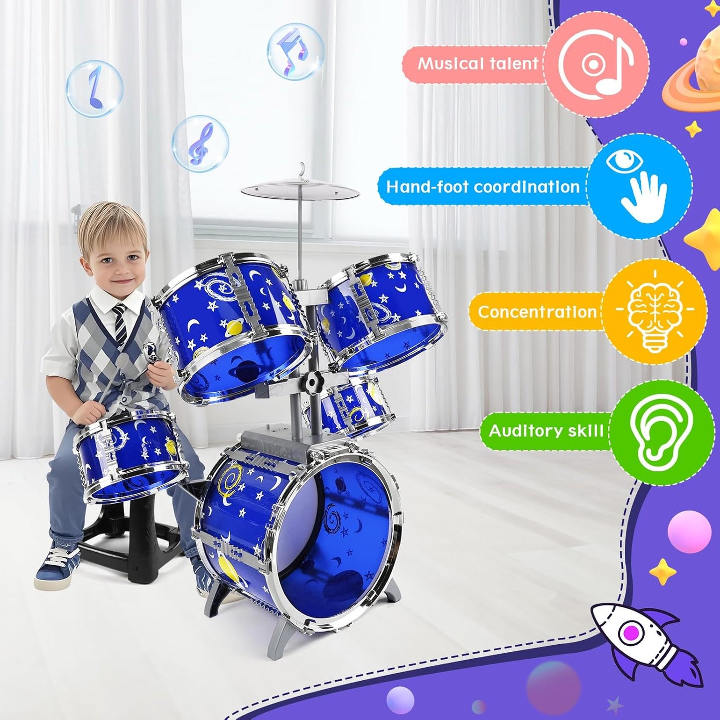 M SANMERSEN Upgraded Kids Jazz Drum Set Toddler Toy Drum Set with Stool, Plastic Rock Jazz Drum Kit Musical Toys Gift for Boys Girls 1-3 3-5
