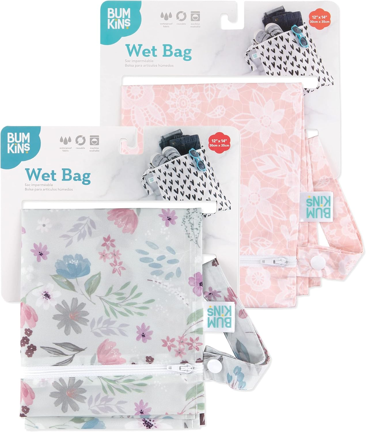 Bumkins - Waterproof Wet Bag - For Baby, Travel, Swim Suit, Cloth Diapers, Pump Parts, Pool, Gym, Toiletry, Strap to Stroller - Reusable & Easy to Clean - 2pk - Floral & Lace