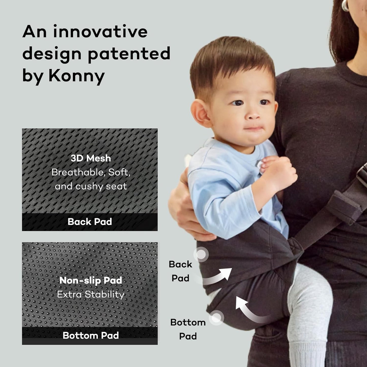 Konny Baby Carrier Hip Seat, Dual Support IHDI Certified with Two Safety Pads, Adjustable Wraps Sling Wearable One Size Fits All, Baby Essentials for 6 to 48 Months up to 44 lbs-Green Tea