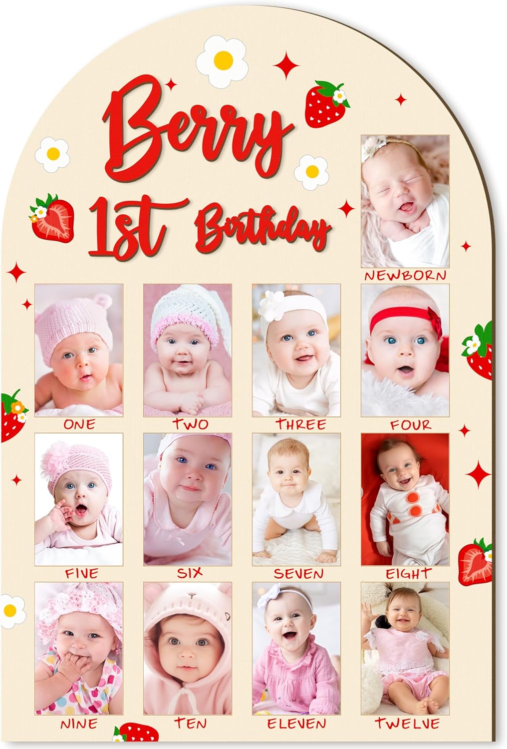 R HORSE 3D Berry 1st Birthday Wood Photo Display Board, Adorable Strawberry Baby's First Year Picture Frame, 1-12 Months Milestone Board Birthday Decorations Keepsake Gift for Baby Girls Nursery Decor