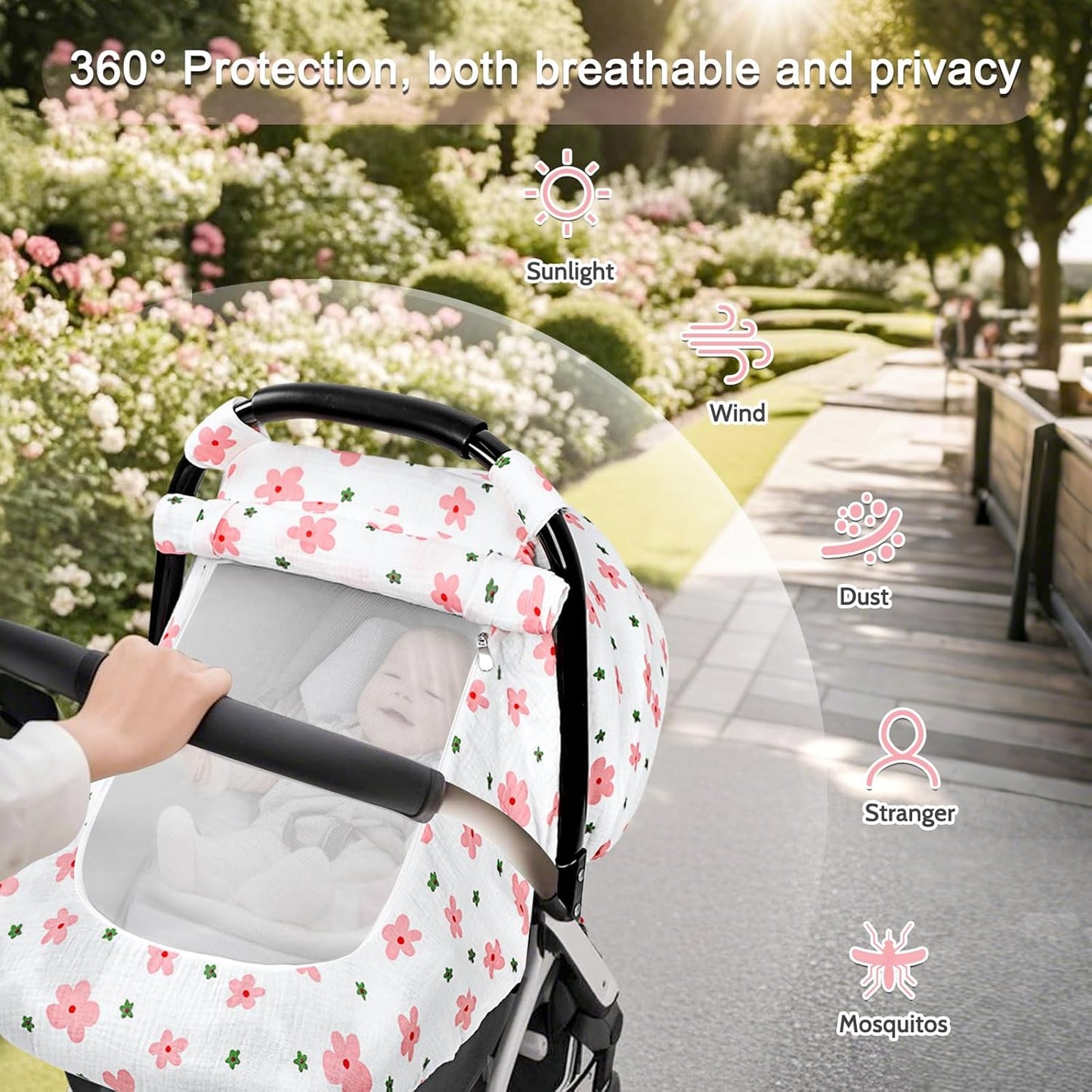 Hooyax Muslin Car Seat Cover Baby - Breathable and Privacy Car Seat Canopy with 3 Modes - Easy Install & Gift Box Packaging, Universal Fit for Infant Car Seats, Pink Flower