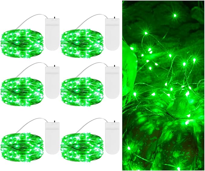TingMiao Halloween Green Fairy Lights Battery Operate,7.2ft 20 LEDs String Lights Silver Copper Wire for Hallowen Christmas DIY Decoration Wedding Party (6 Pack)