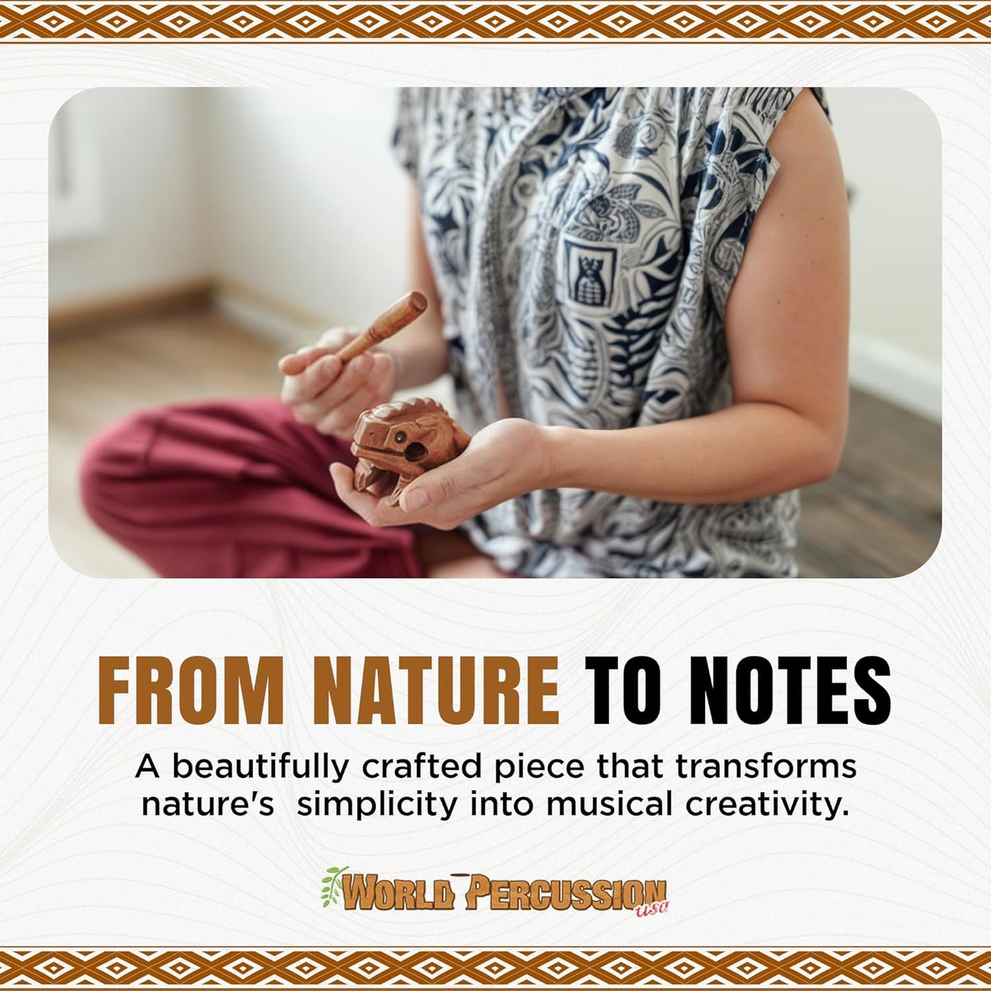 Deluxe Small 2" Wood Frog Guiro Rasp - Percussion Musical Instrument Tone Block - Wooden Instrument with Stick, Noise Maker by World Percussion USA