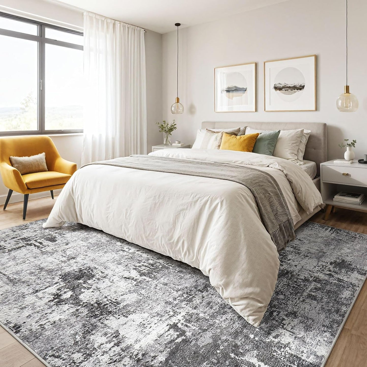 8x10 Area Rugs Living Room: Washable Large Abstract Modern Soft Rug Stain Resistant Indoor Floor Non Slip Accent Carpet for Bedroom Nursery Playroom Office Dining Room Dorm Home House- Black Grey