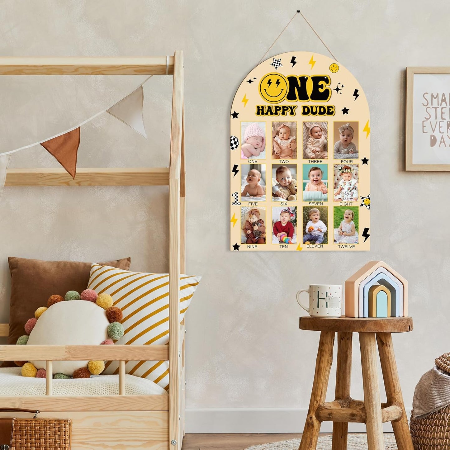 R HORSE My First Year Photo Frame Board, 3D One Happy Dude Birthday Decoration Display Wood Board, Baby Boy First Year Picture Frame 12 Months Milestone 1st Birthday Nursery Decor Gift