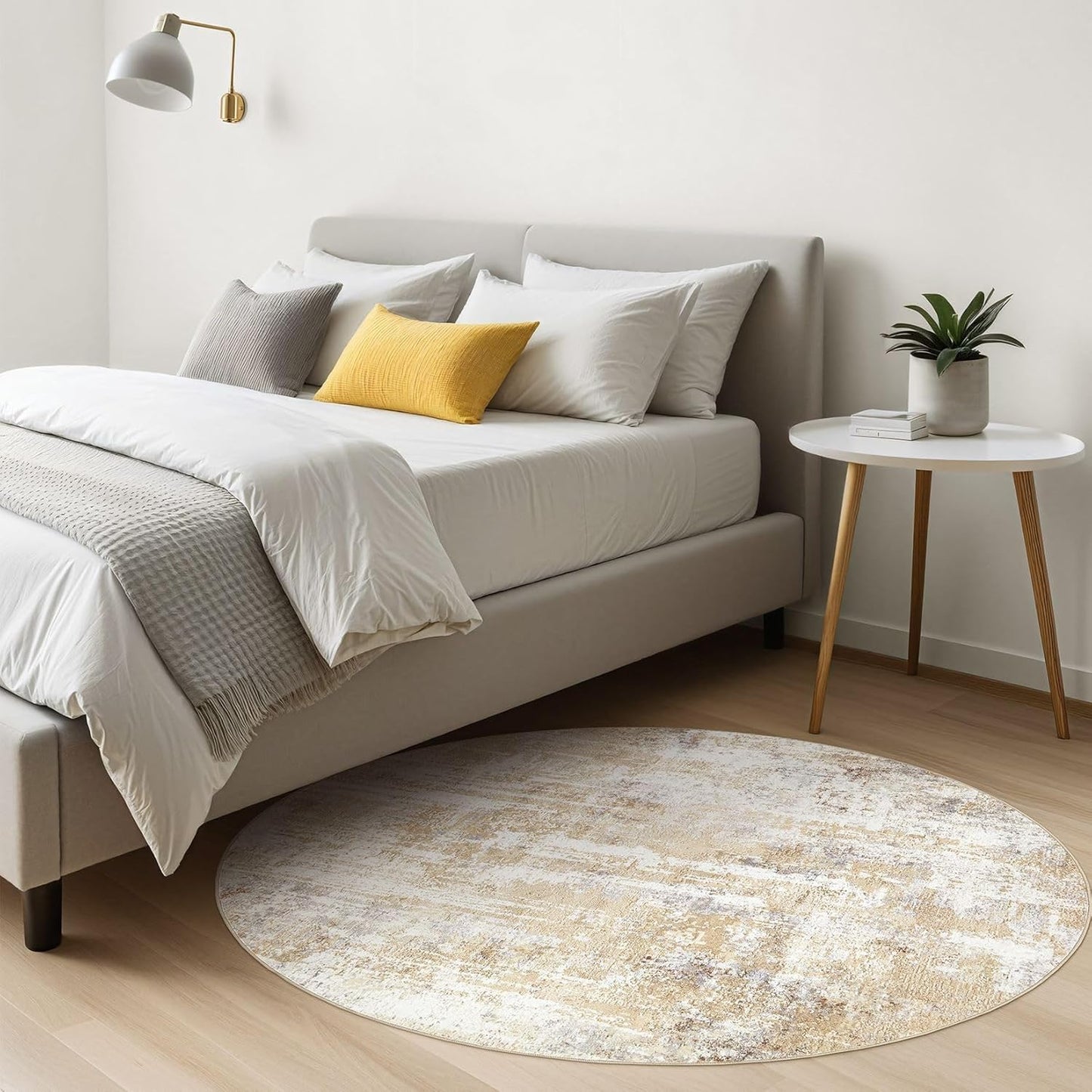 Round Rug Living Room Rugs: 6Ft Washable Circle Large Abstract Modern Soft Stain Resistant Non Slip Indoor Floor Carpet for Bedroom Nursery Office Dining Room Dorm Home House Decor- Gray Gold