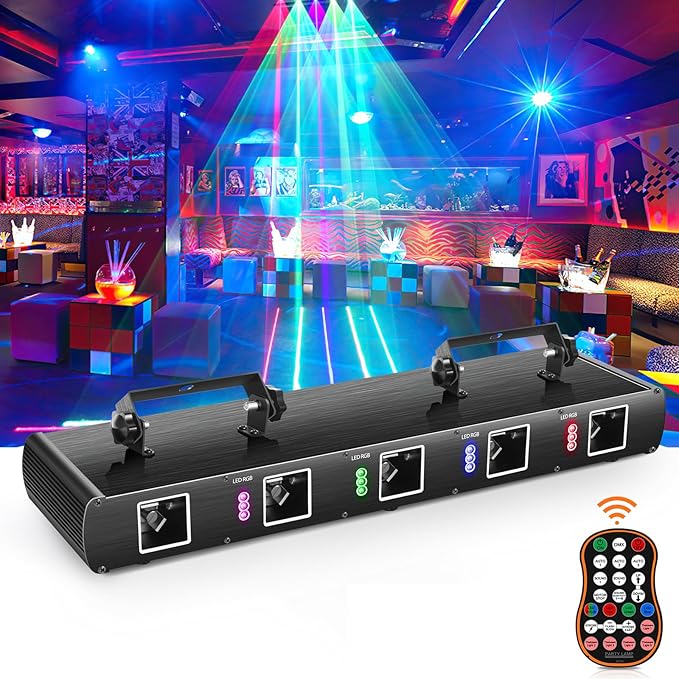 DJ Laser Lights,5 Beam Effect Sound Activated Strobe Laser Light Show with Remote Control Laser Light Projector Party Lights Indoor for Birthday Disco KTV Club Stage DJ Lighting