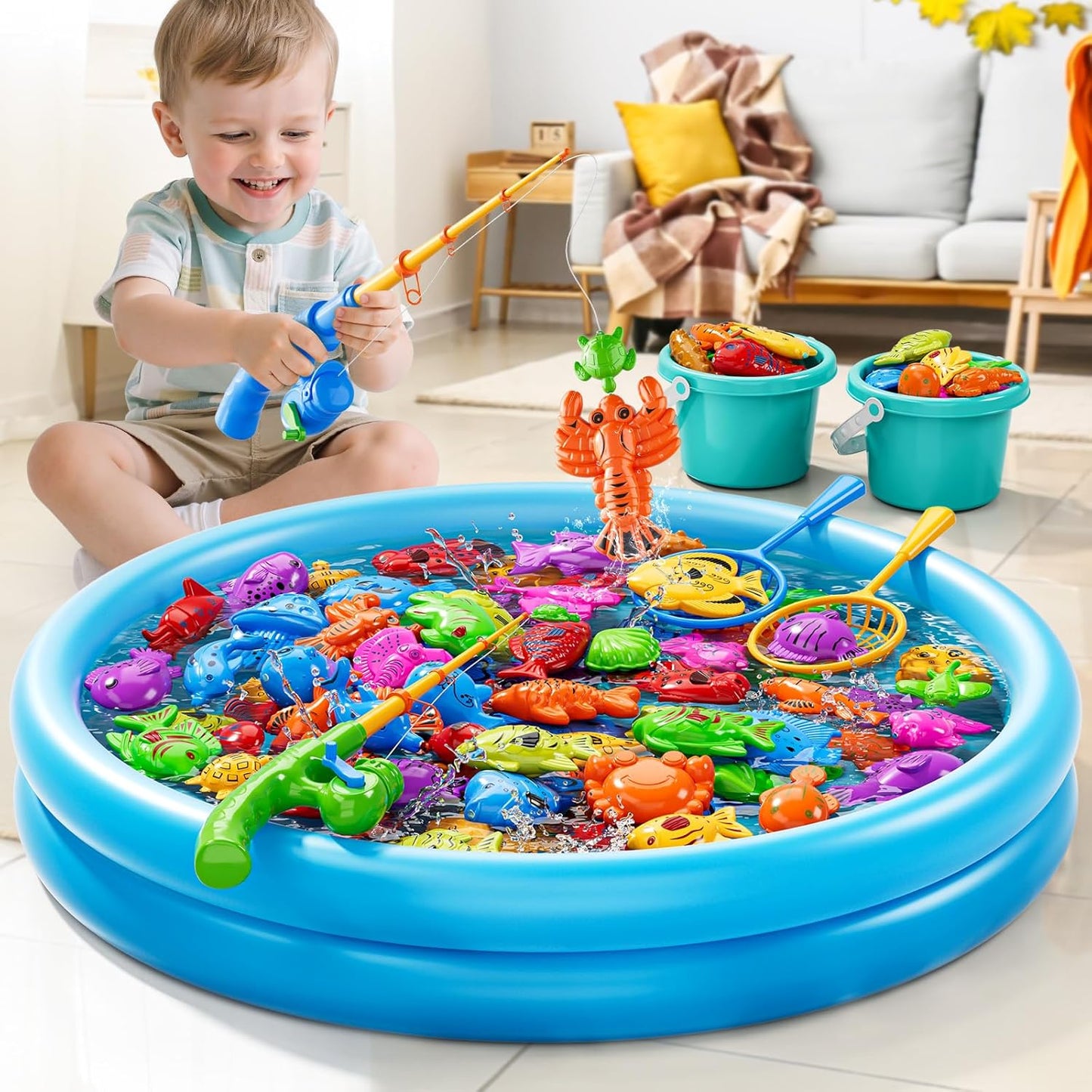 Magnet Fishing Toys Game for Kids 3-5 - Floating Fish Toys with Inflatable Kiddie Pool, Bath for Toddlers, Pole Rod Net, Outdoor Party for Boys Girls Kids Age 3 4 5 6 7 8 Year Old