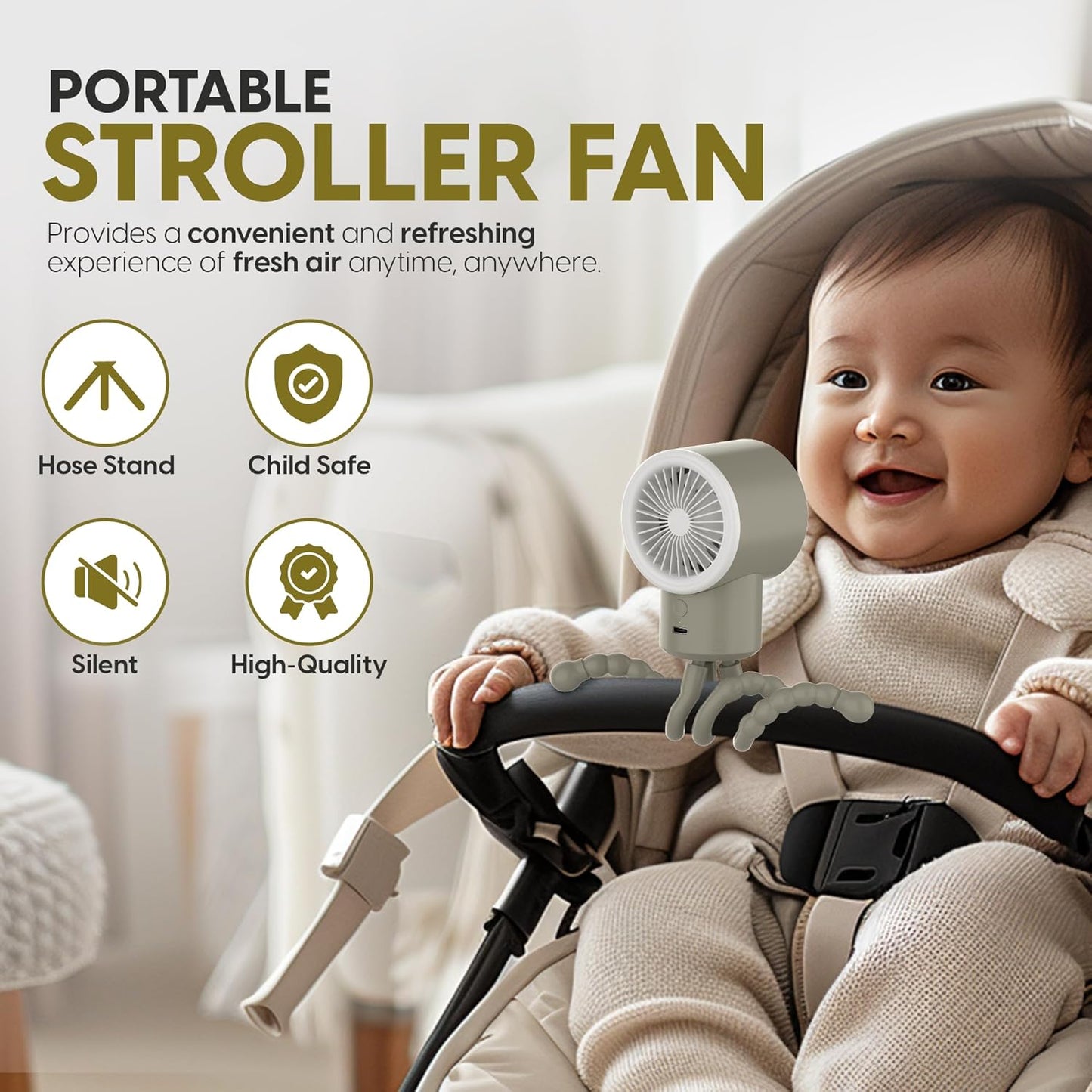 Portable Mini Travel Stroller Fan - Battery Operated, Clip On, Small, Handheld, Rotating, Rechargeable, Personal Fan with Flexible Tripod, 3 Speeds for Baby Crib, Bed Car, Seat Treadmill