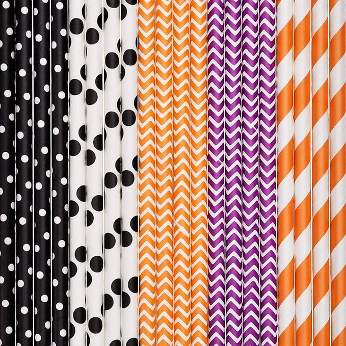 Shappy 125 Pieces Halloween Paper Straws Bulk, Disposable Decorative Drinking Straws with Dots/stripes/waves for Birthday, Wedding, Halloween and Christmas Party Supplies(Orange, Black, White, Purple)
