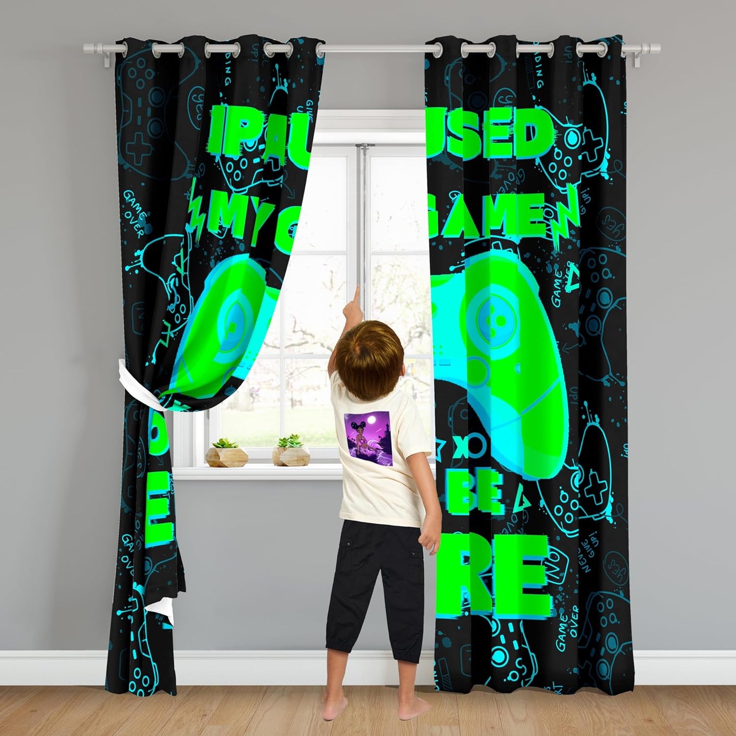 Gaming Gamepad Blackout Curtains - 2Pcs Game Windows Curtain Panels for Teens Boys Bedroom Green Gaming Console Curtains for Boys Kids Room Decor Grommet Top Thermal Insulated, 82 in x 84 in