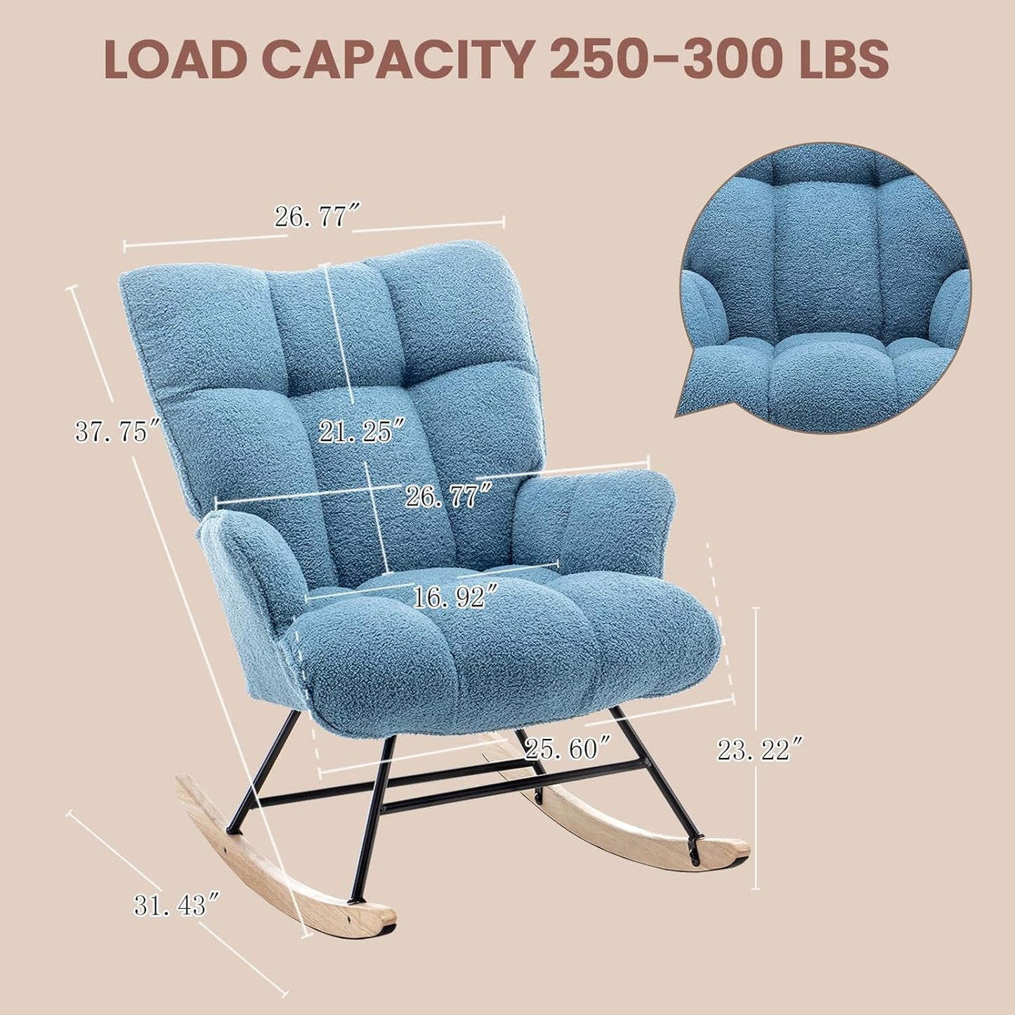 Rocking Chair Nursery Teddy Upholstered Glider Rocker Rocking Accent Chair Padded Seat with High Backrest Armchair Comfy Side Chair for Living Room Bedroom Offices (LightBlue Teddy)