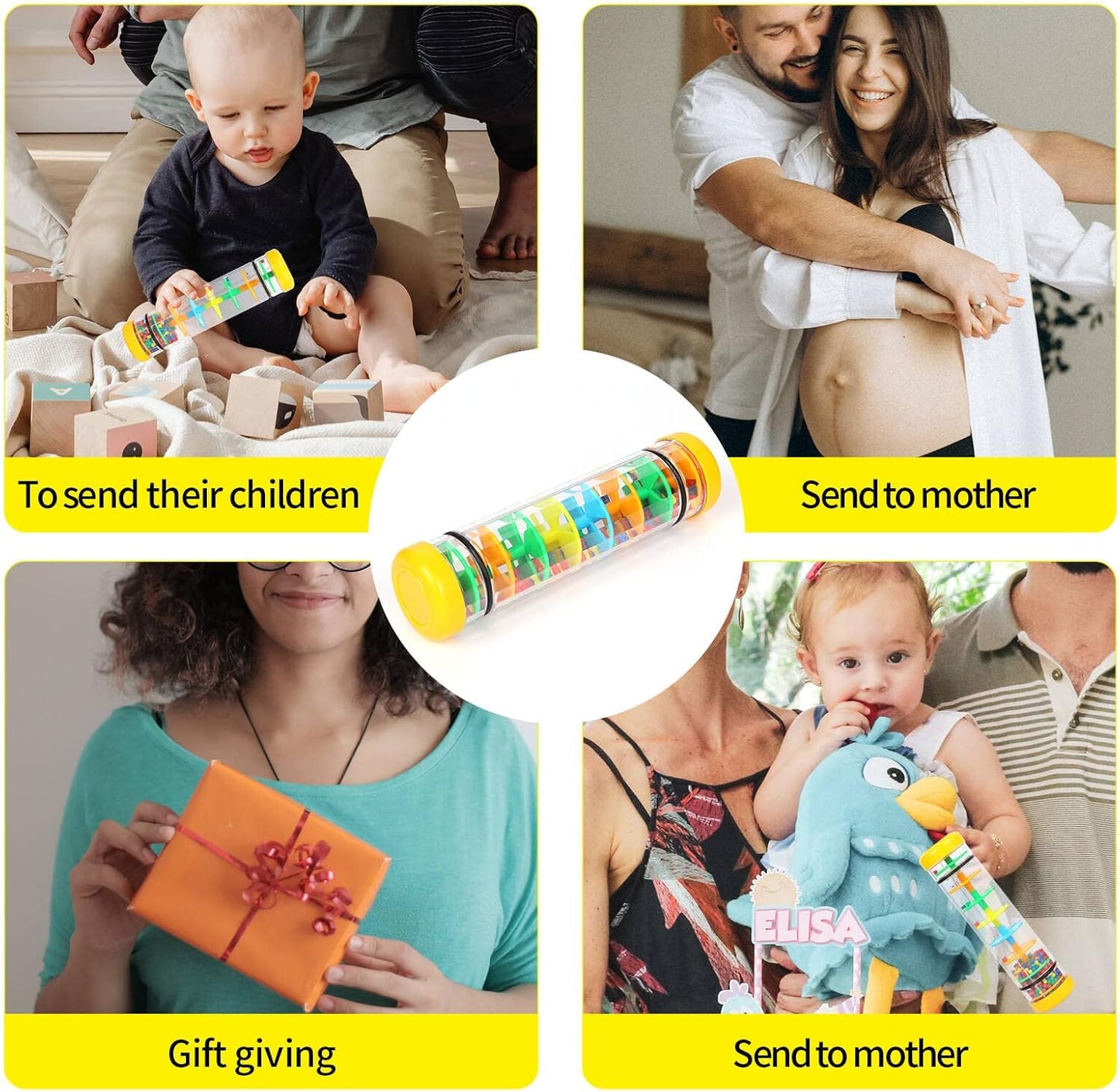 Rainmaker 8 inch Mini Rain Stick for Babies Rattle Tube Rain Stick Shaker Music Sensory Auditory Instrument Toy for Baby Child Girl (8 inch Yellow)