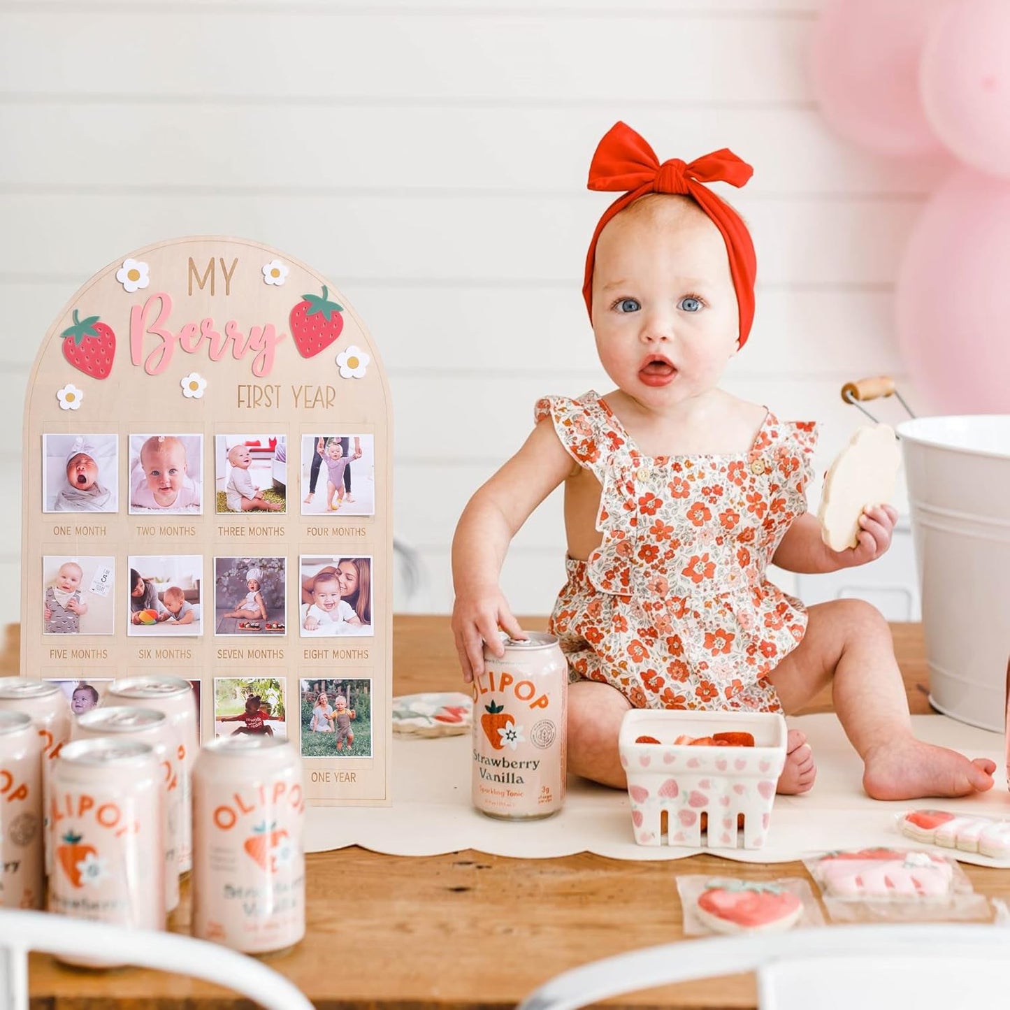 WAOUH Berry First Year Photo Wood Board - Strawberry 1st Birthday Decorations,Strawberry 1 to 12 Months Photo Board,Berry Daisy One Year Photos Display,Newborn Sweet Monthly Milestone Photos Sign