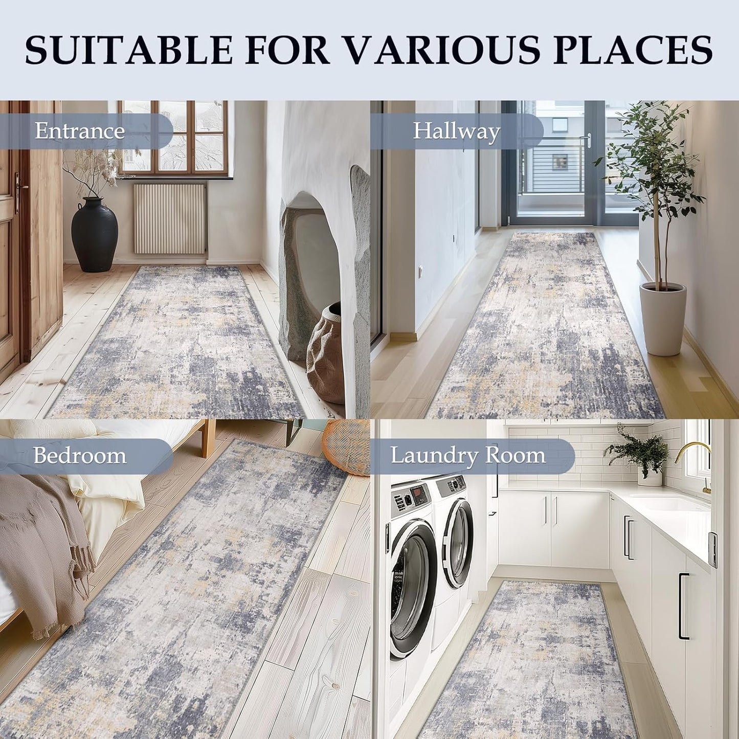 Washable Area Rugs 2'x8' Non-Slip Modern Abstract Soft for Living Room Entryway Bedroom Nursery, Print Pattern, Purple Grey Cream Yellow