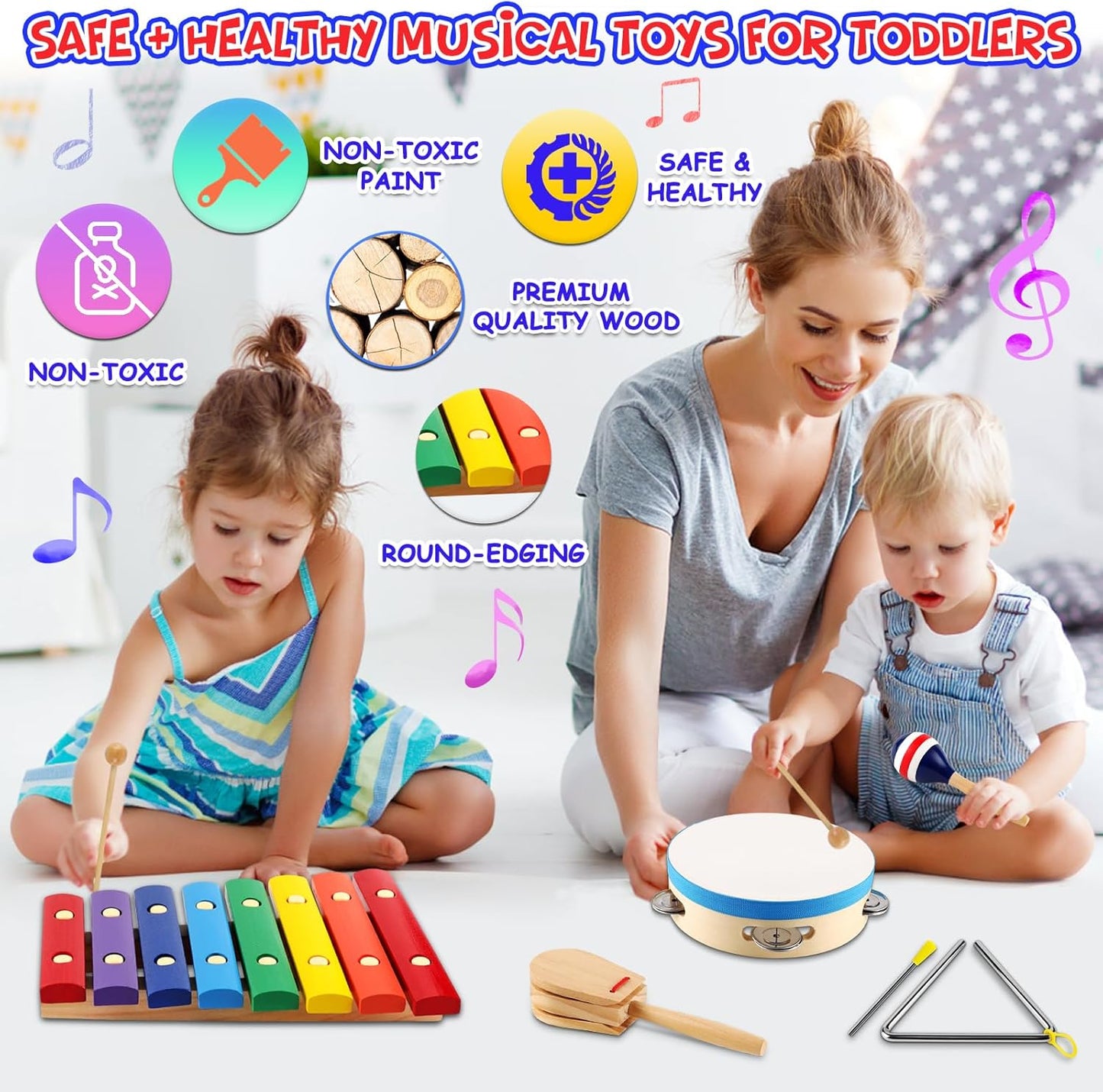 LOOIKOOS Baby Musical Instruments Montessori Wooden Toys for Toddlers 1-3,Percussion Instruments Set for Kids Preschool Educational Musical Toys for Boys and Girls Gifts