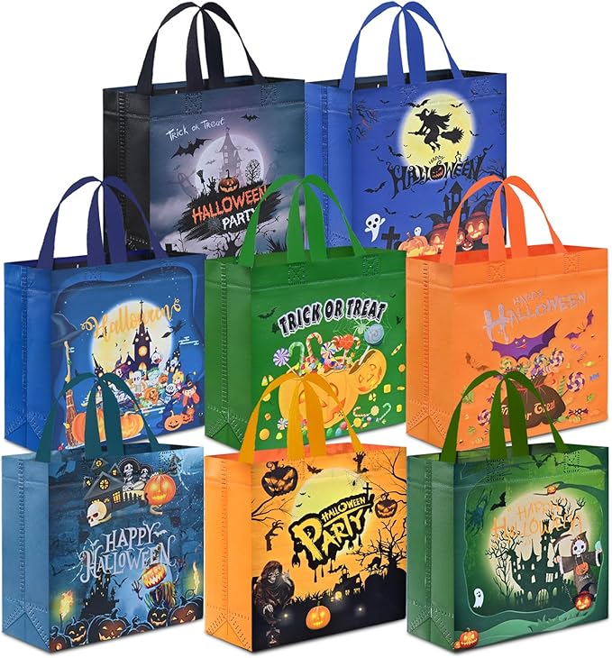 AhfuLife 8 Pcs Halloween Trick or Treat Bags, Candy Tote Bags with Handles, Reusable Non-Woven Gift Bag for Halloween Party Supplies Favors (7.8×7.8×3.1’’)
