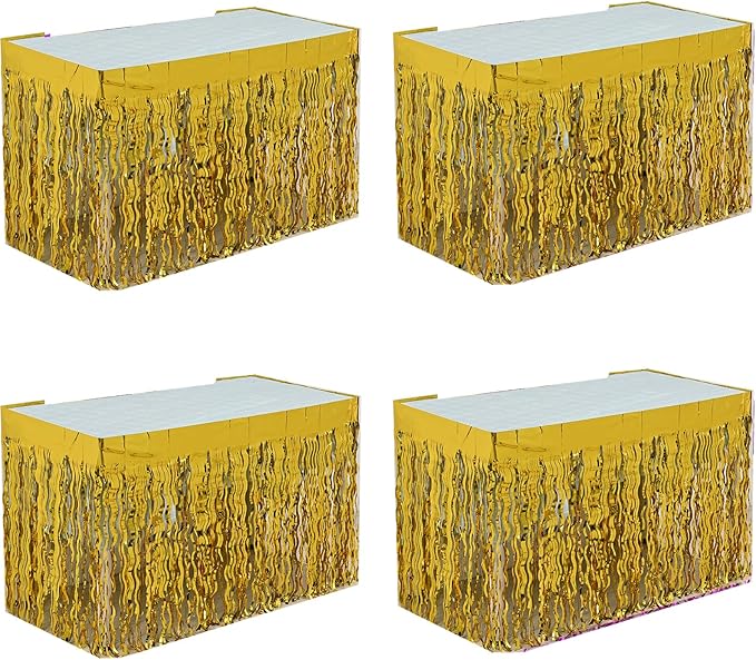 4P Wavy Metallic Tinsel Foil Fringe Table Skirts for Rectangle Tables Backdrop Garland Curtains for Parade Floats Wedding Birthday Parties Decoration Graduation 2025 Christmas (Gold)