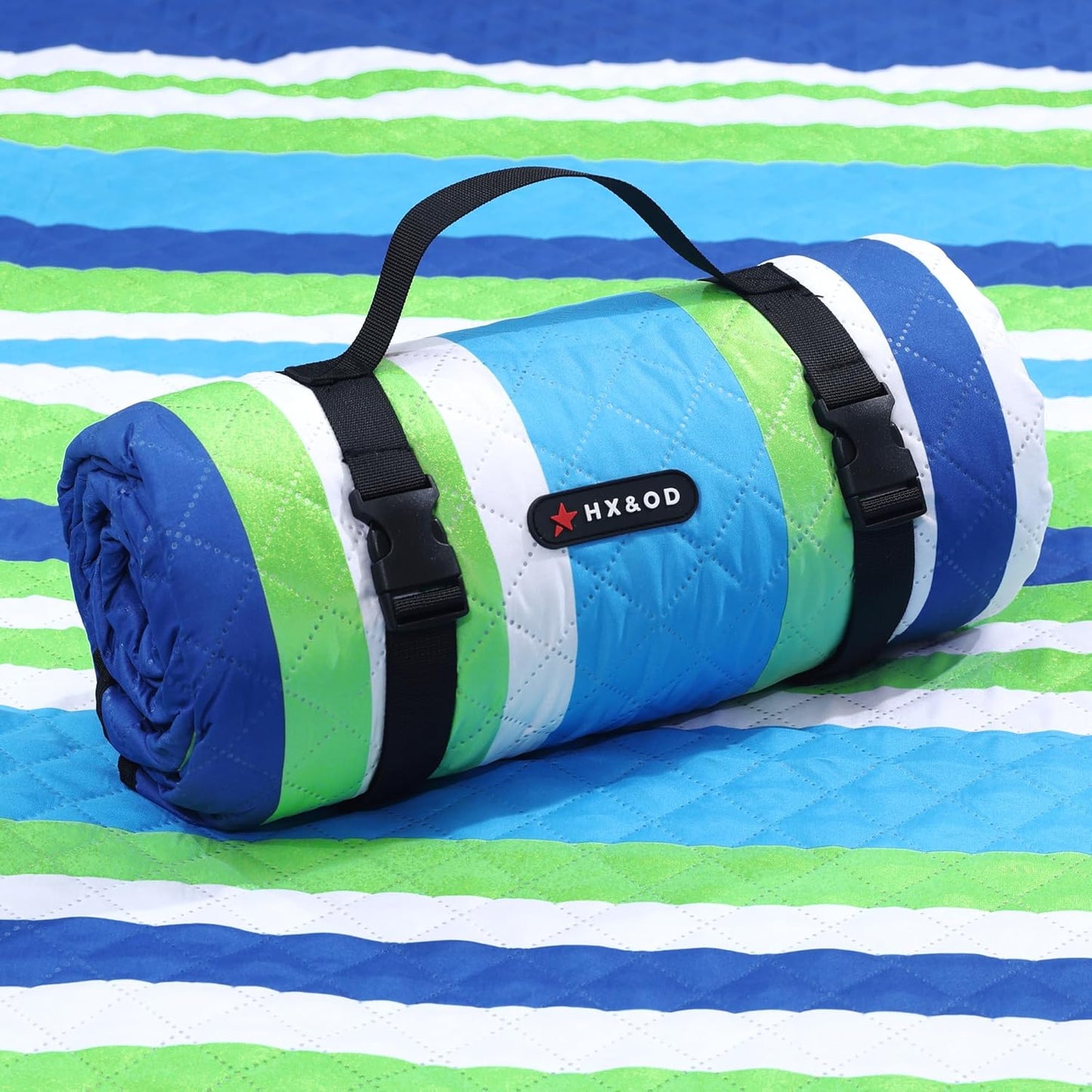 HX&OD Large Picnic Blanket Outdoor 80”x60” Waterproof Picnic Mat Foldable 3-Layer Camping Blanket Portable with Carry Strap Park Blanket for Grass(Blue)