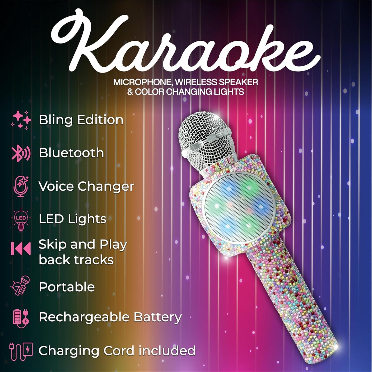 Sing-Along Bling Bluetooth Karaoke Microphone and Bluetooth Stereo Speaker All-in-One (Confetti Bling)