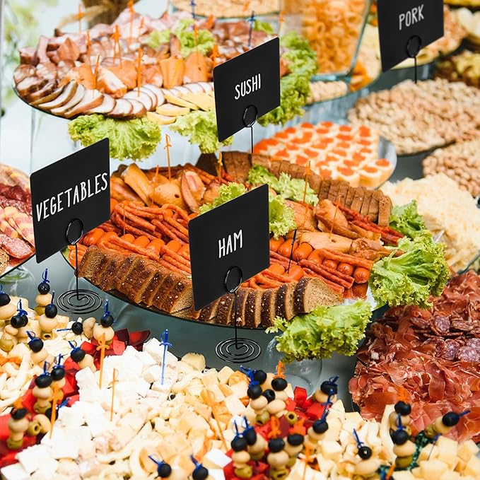 TecUnite 12 Pcs Mini Chalkboard Signs, 4"x3" Small Chalkboard Label with Metal Stand 2 Water Based Chalk for Food Buffet Tabletop Blackboard Sign for Party Bakery(Black,3.4 x 1.6 in)