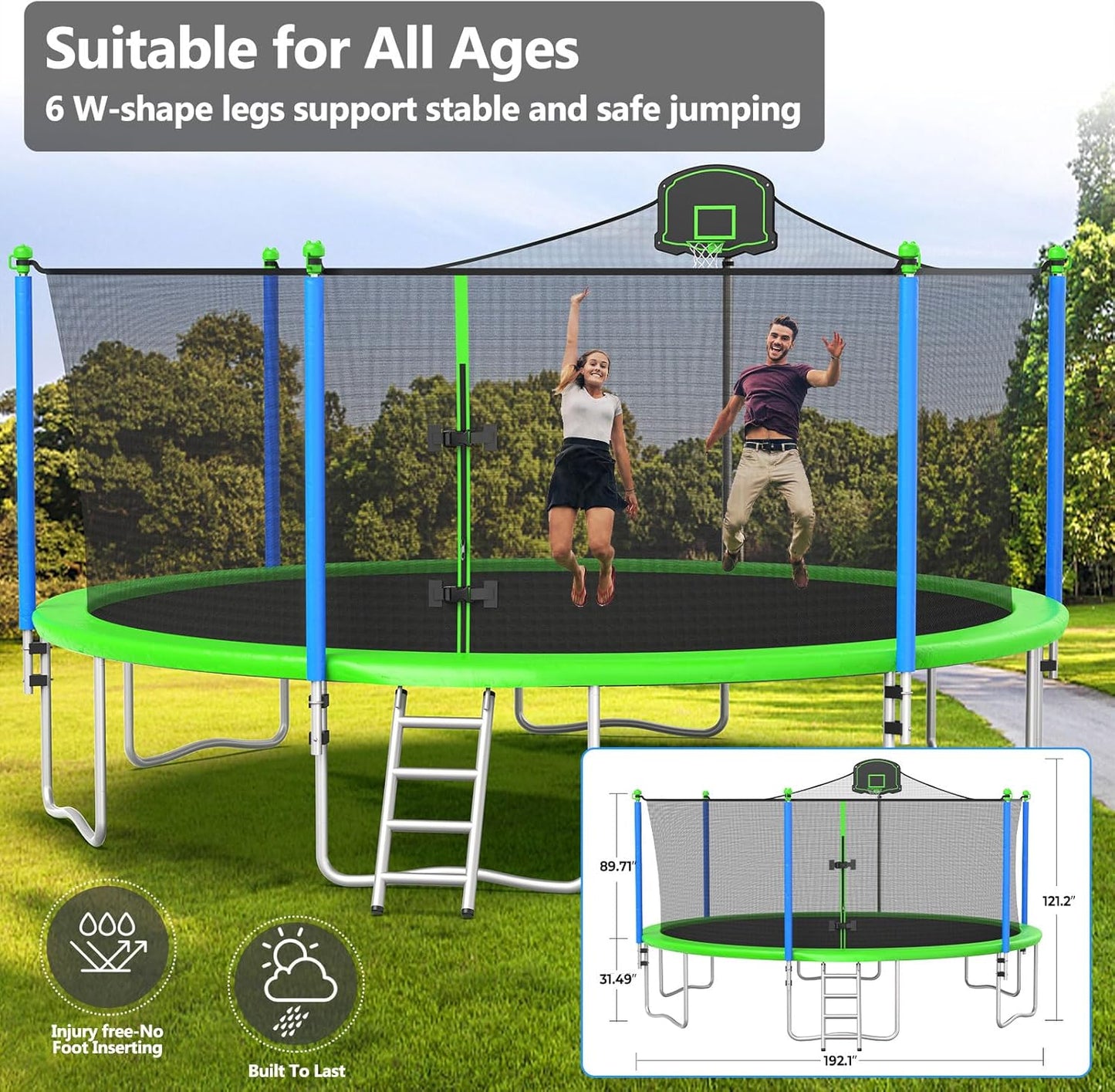 Upgraded 10/12/14/15/16FT Trampoline Outdoor, Large Kids Trampoline with Light, Stakes, Sprinkler, Backyard Trampoline with Basketball Hoop and Net, Capacity for 4-6 Kids and Adults
