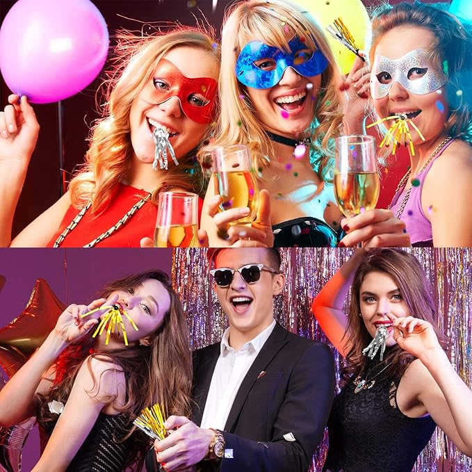 200 Pcs Party Blowers Noise Makers Party Horns Blowout Clappers Noisemakers for Halloween Christmas Birthday Sporting Party New Year's Eve Party Supplies 2025(Black Gold, Black Silver)