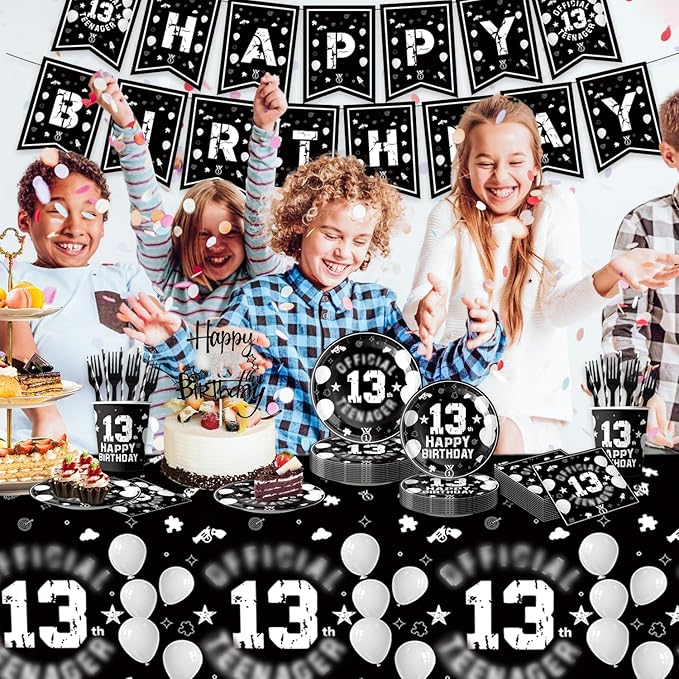 123pcs 13th Party Decorations,13th Silver Black Birthday Banner,Flags,Paper,cups,Straws,Forks,Cake Toppers,Dessert plates,Tablecloths and dinner plates,Officially a Teenager 13th Birthday Supplies