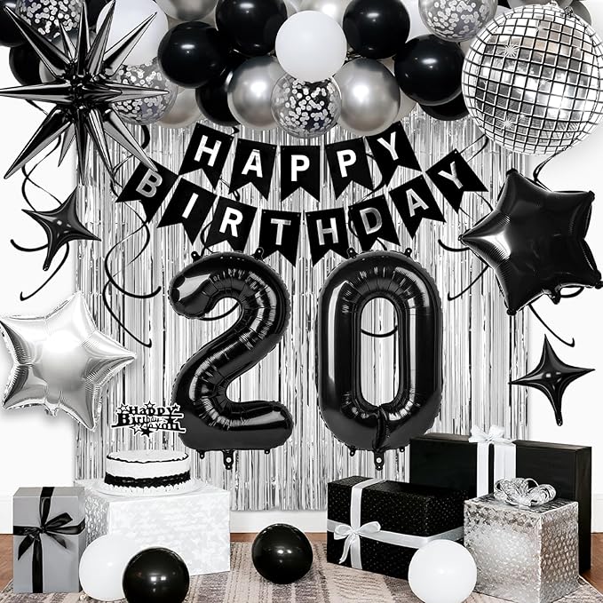 20th Birthday Decorations for Men Women, Black Silver Happy Birthday Party Decorations， 20 Year Old Party Supplies with Number 20 Balloons, Banner, Fringe Curtains Kit