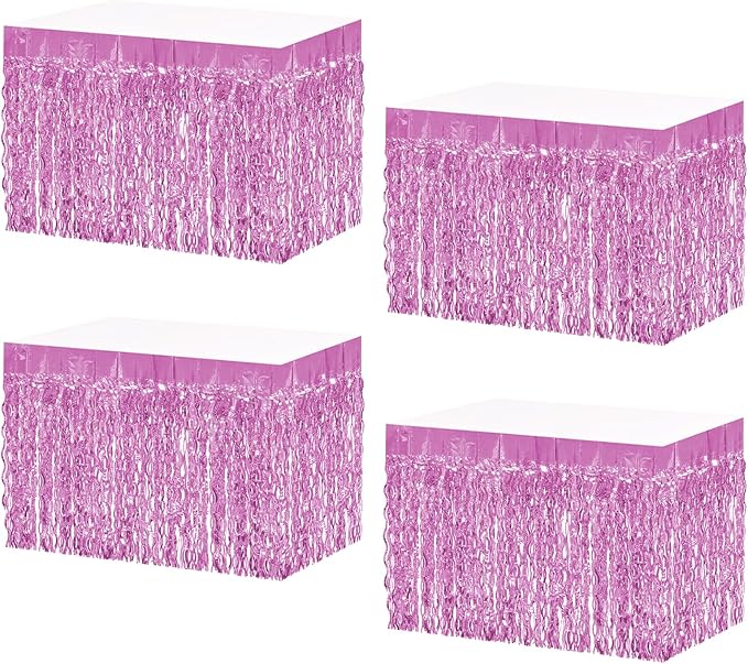 4P Wavy Metallic Tinsel Foil Fringe Table Skirts for Rectangle Tables Backdrop Garland Curtains for Parade Floats Wedding Birthday Parties Decoration Graduation 2025 Christmas (Pink)