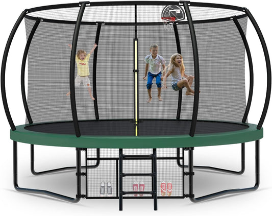 Tatub Large Trampolines Outdoor 10 12 14 15 16FT for Kids and Adults,Outdoor Recreational Pumpkin Trampolines with Curved Poles and Safety Enclosure Net, Basketball Hoop, Ladder