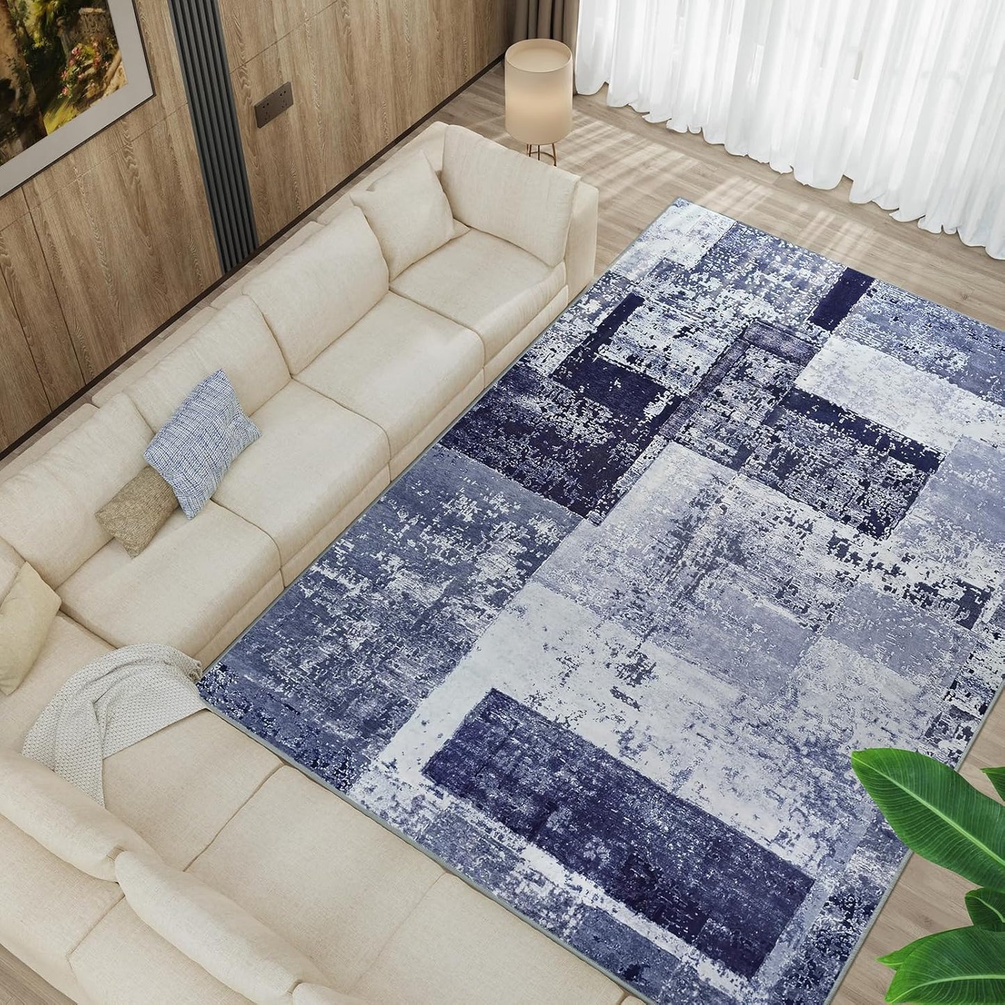 LOCHAS Rug for Living Room, Washable Soft Area Rugs for Bedroom 6x9, Abstract Carpet for Indoor Office Kids Dining Room Nursery Floor, Blue Geometric Vintage Home Decor, Non Slip, Pet Child Friendly