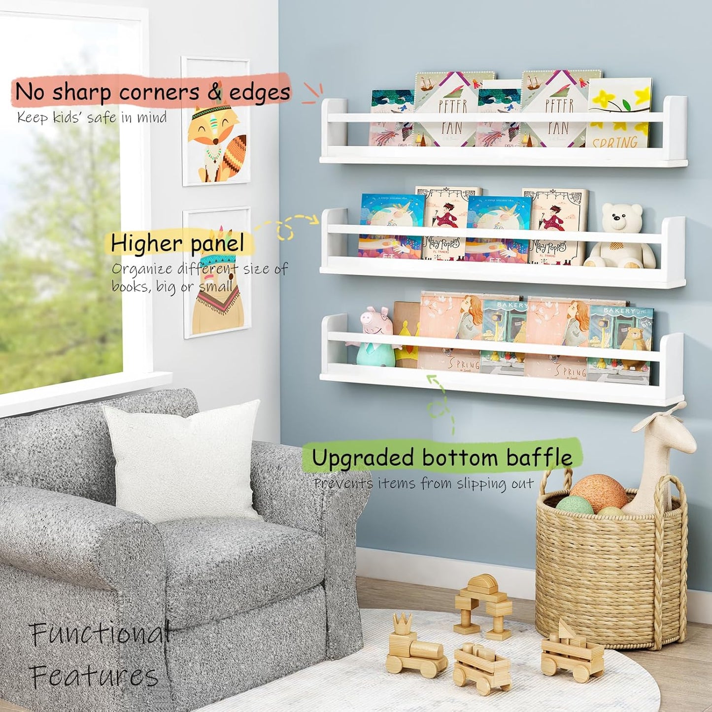 Upgraded White Wall Bookshelf for Kids Room, 36 Inch Long Floating Nursery Book Shelves for Wall, Wider Hanging Bookshelves for Toddlers Childrens Clothes Kids Bedoom Playroom -Set of 3