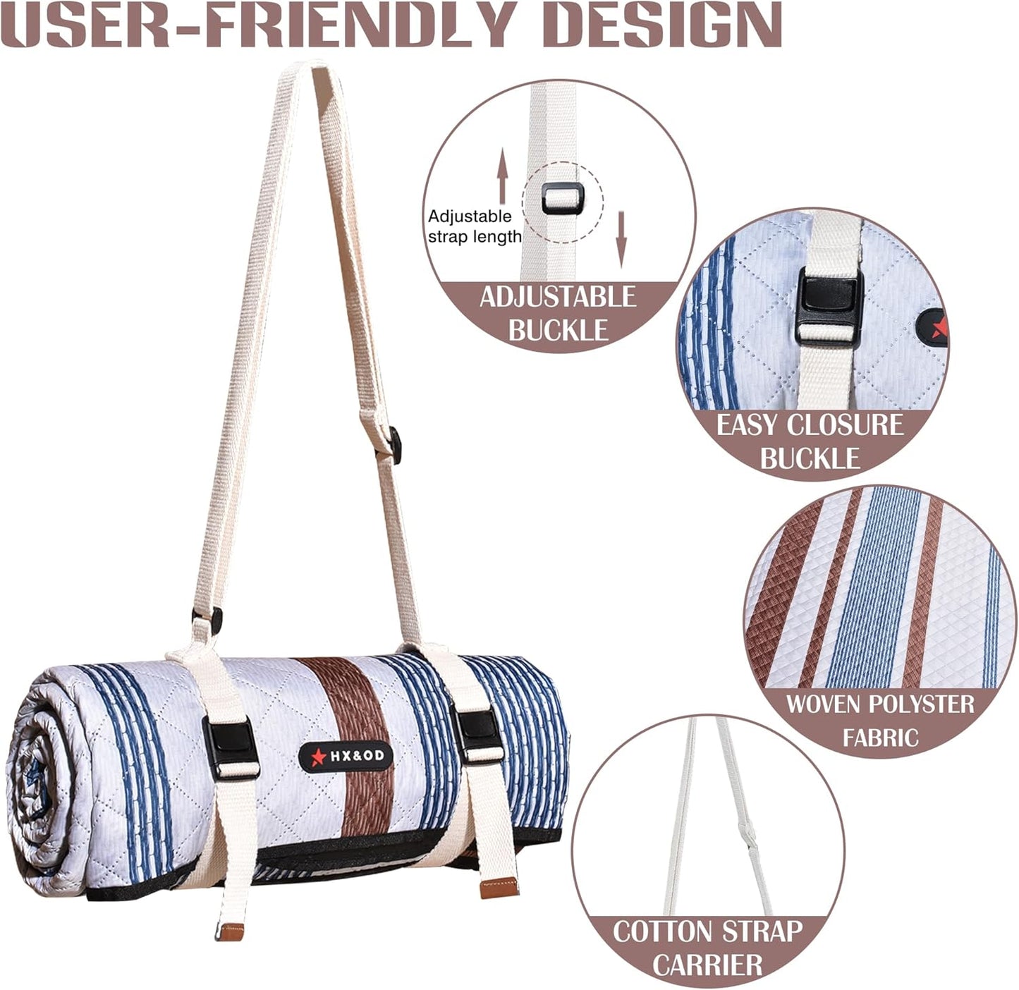 Waterproof Picnic Mat, Outdoor Camping Oversized Field Blanket. Portable Thickened Camping Blanket, Suitable for Beach, Camping, Music Festival, Party, Outdoor Adventure. (Brown&Blue&White, 80”x60”)