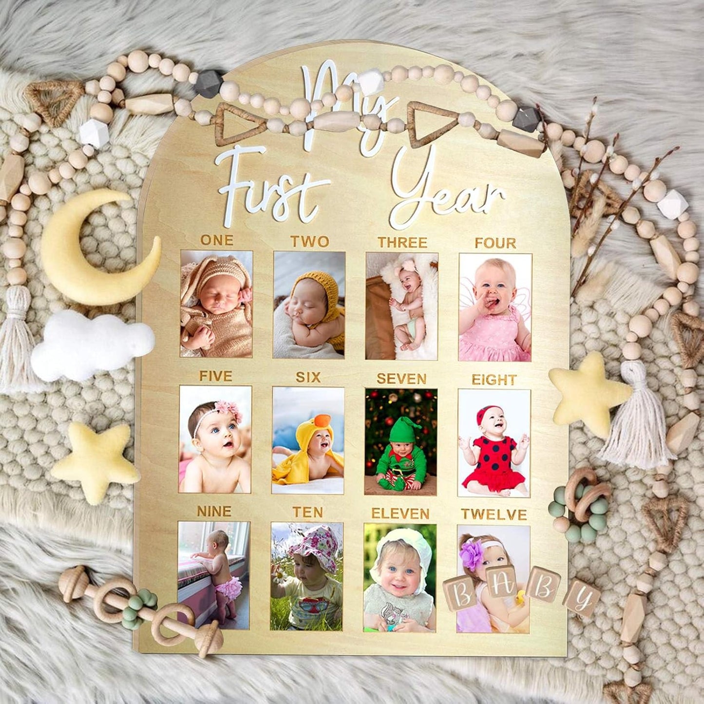One Year Birthday Wooden Photo Board My First Year Milestone Photo Board 12 Monthly Picture Frame Baby First year Wood Acrylic Sign 1st Birthday Decorations Baby Keepsake Gift (2" x 3" photos - Wallet Size)