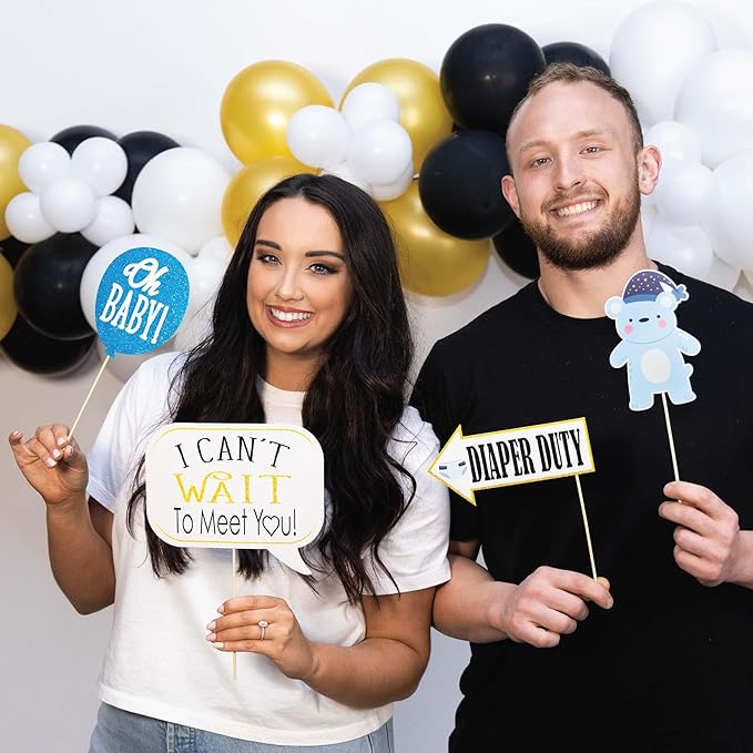 Boy Baby Shower Photo Booth Props - 41-pc Photo Booth Kit with 8 x 10-Inch Sign, 60 Glue Dots, 45 Sticks - Picture Props for Baby Shower
