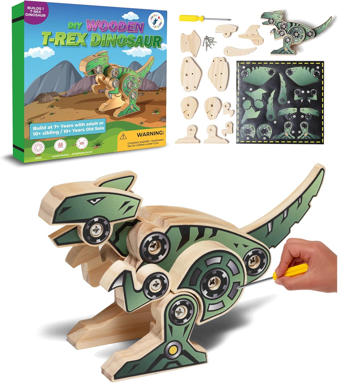 Little Jupiter DIY Wooden Kit with Stickers - Dinosaur Toys for Kids for 7-12 Yrs - Dinosaur Toy Woodworking Kits - Wood Crafts - Kids Building Kit - Wooden Crafts (T-Rex)