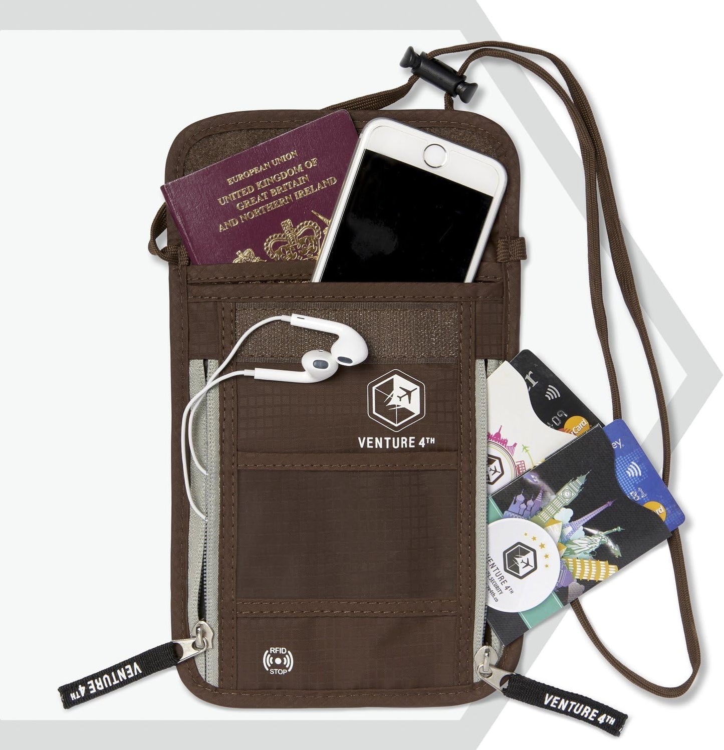 VENTURE 4TH Passport Holder Neck Wallet with RFID Blocking Nylon Lining - Hidden Neck Pouch for Travel (Brown)