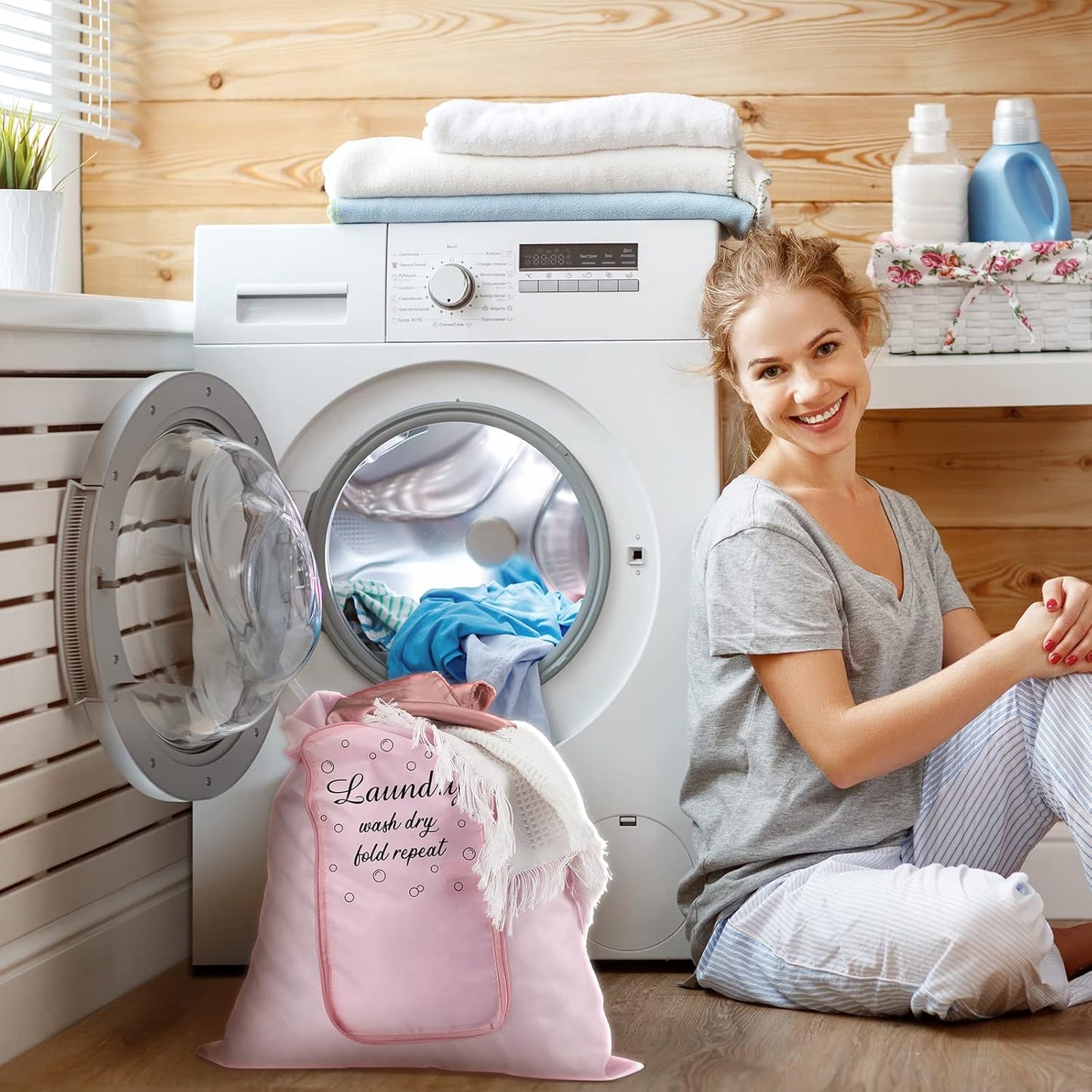 2 Pcs Travel Laundry Bag Washable Dirty Clothes Bag with Drawstring and Zipper for Suitcase, 22 x 18 Inch (Pink, Gray,Bubble)