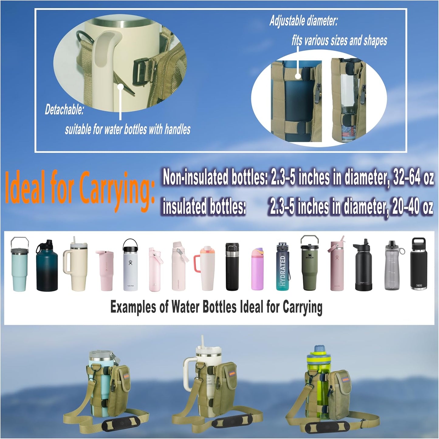 Water Bottle Holder with Strap, Shoulder & Hand Bottle Holder with Phone Pocket – Fits 32-64 oz Sports Bottles & 20-40 oz Insulated Bottles – Durable Sling Bag for Walking, Hiking, Gym