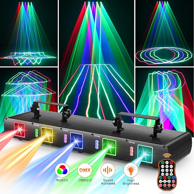 DJ Laser Lights,5 Beam Effect Sound Activated Strobe Laser Light Show with Remote Control Laser Light Projector Party Lights Indoor for Birthday Disco KTV Club Stage DJ Lighting