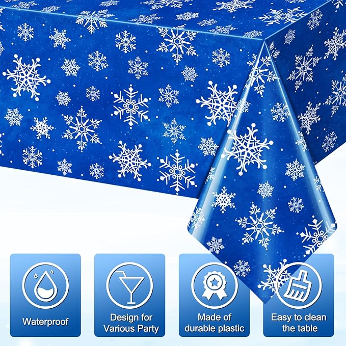Jectivs 3 Pieces Christmas Snowflake Plastic Party Tablecloth Decorations,White Snowflake Blue Xmas Backdrop Sign Table Cover Banner for Winter Christmas Holiday Party Supplies,54x108 inch (Blue)
