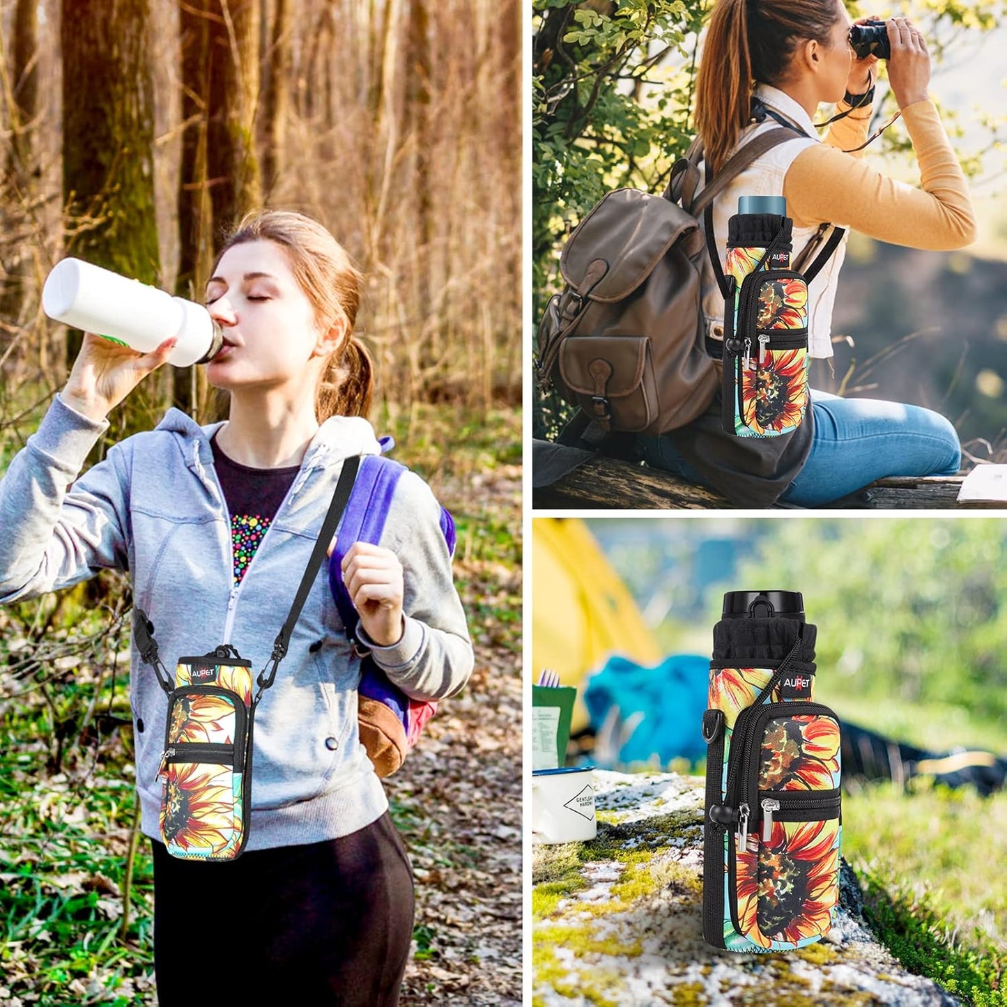AUPET Water Bottle Sling Bag Sleeve Holder Carrier 25/32/40/64 oz,Insulated Crossbody Water Bottle Case Cover with Strap and Pockets for Men/Women Walking Hiking