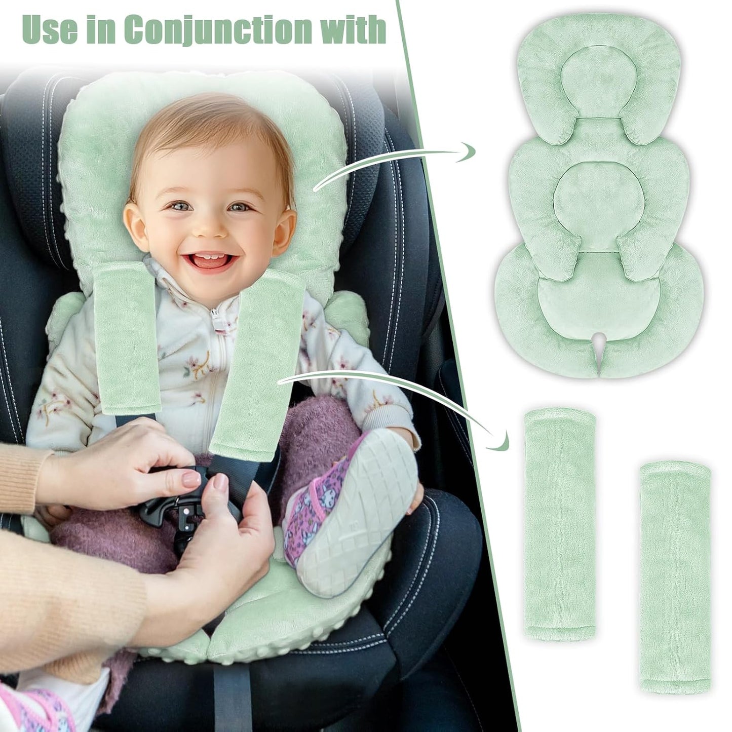 GFU Infant Car Seat Insert Head and Body Support, Reversible Newborn Insert for Carseat with Strap Pads, Soft Stroller Cushion Pillow Insert for Boys and Girls, Fits for Stroller, Swing, Green