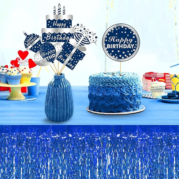 4P Wavy Metallic Tinsel Foil Fringe Table Skirts for Rectangle Tables Backdrop Garland Curtains for Parade Floats Wedding Birthday Parties Decoration Graduation 2025 Christmas (Blue)