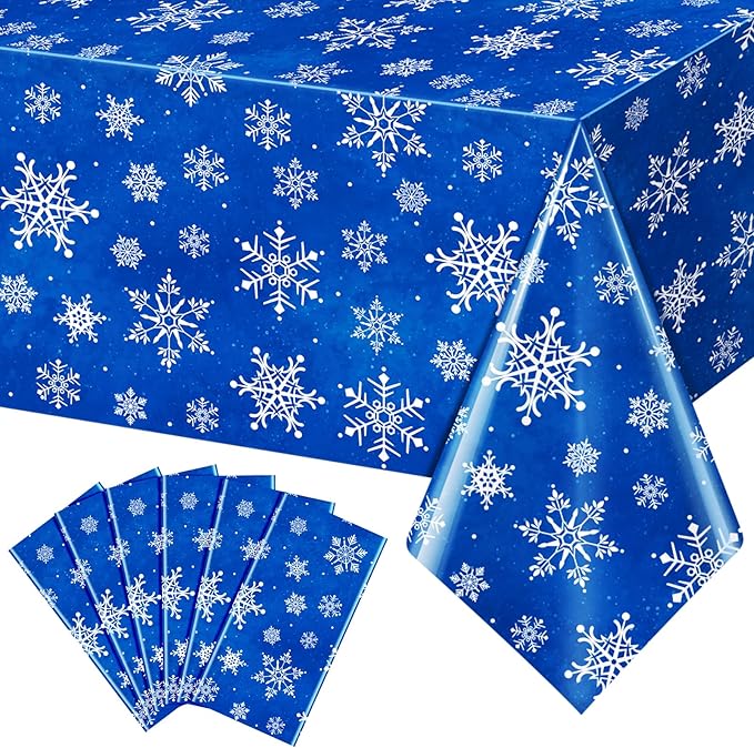Jectivs 6 Pieces Christmas Snowflake Plastic Party Tablecloth Decorations,White Snowflake Blue Xmas Backdrop Sign Table Cover Banner for Winter Christmas Holiday Party Supplies,54x108 inch (Blue)